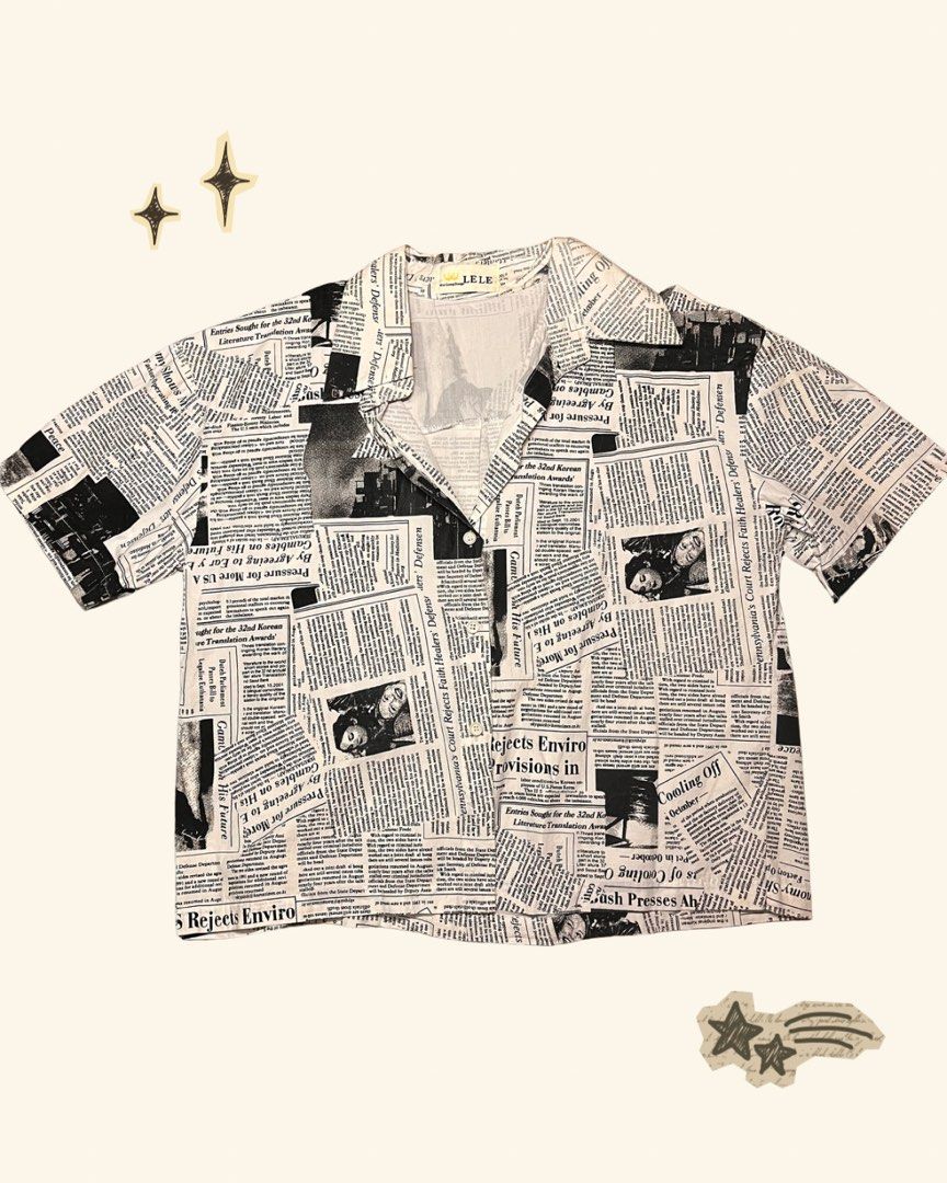 Retro Print Short Sleeve Shirt (Category: Shirts) located in Manila. Submitted by treesg (Listing ID 1424294976, Image 1). Description: - Can also fit men - Boxy fit - Newspaper print design - Short sleeve - Collared neckline - Button-down closure - White shirt with black print - Lightweight fabric .