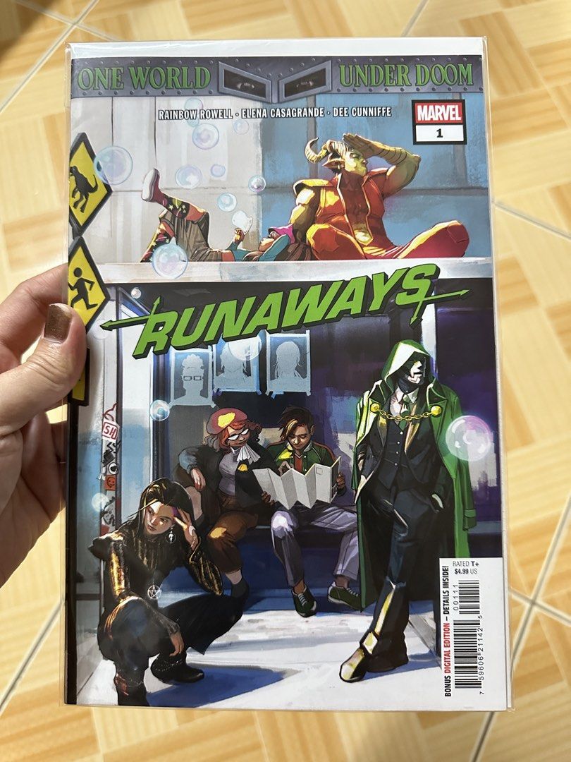 Runaways #1 Comic Book (Category: Comics & Manga) located in Binan City. Submitted by elf.0000 (Listing ID 1424291512, Image 1). Description: - Runaways #1 comic book - Features "One World Under Doom" - Published by Marvel - Includes bonus digital edition - Rated T - English language P350.00 plus sf In very fine condition Payment via gcash Ship thru j&t.