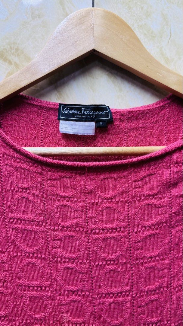 Salvatore Ferragamo Pink Top (Category: Luxury Apparel) located in Batangas. Submitted by cjayf (Listing ID 1424284796, Image 2). Description: - Authentic Salvatore Ferragamo top - Square neckline - Short sleeves - Drawstring waist - Textured pink wool fabric - Made in Italy - Size S -Dimes 16x21.