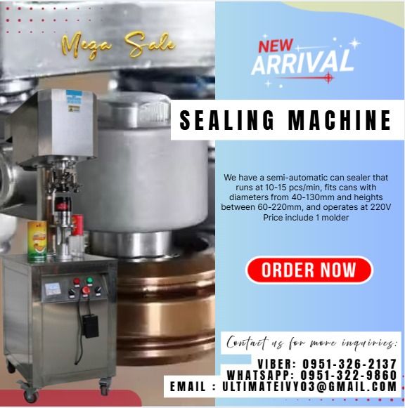 Sealing Machine with 1 Moulder (Category: Everything Else Others) located in Caloocan City. Submitted by clevertiger-b8cb (Listing ID 1424231020, Image 1). Description: We have a semi-automatic can sealer that runs at 10-15 pcs/min, fits cans with diameters from 40-130mm and heights between 60-220mm, and operates at 220V Price include 1 molder Add Extra Molder - 6,000 .
