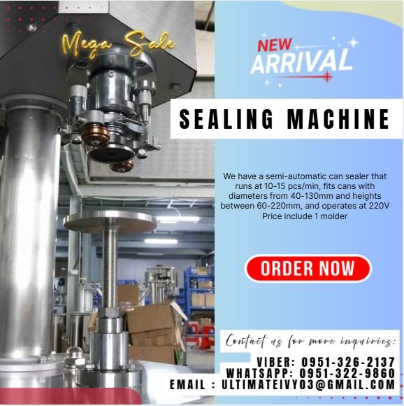 Sealing Machine with 1 Moulder Semi-auto (Category: Home Improvement Tools & Accessories) located in Caloocan City. Submitted by gywnnesher68219 (Listing ID 1424231217, Image 1). Description: We have a semi-automatic can sealer that runs at 10-15 pcs/min, fits cans with diameters from 40-130mm and heights between 60-220mm, and operates at 220V Price include 1 molder Add Extra Molder - 6,000 .