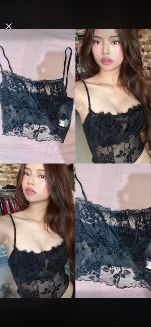 Sexy Black Lace Crop Top (Category: Others Tops) located in Mariveles. Submitted by preluvbaddie (Listing ID 1424210978, Image 2). Description: - Black lace crop top - Delicate floral patterns - Thin straps - Ruffled neckline and hem - Fitted style - Soft, slightly sheer fabric - Great for layering.