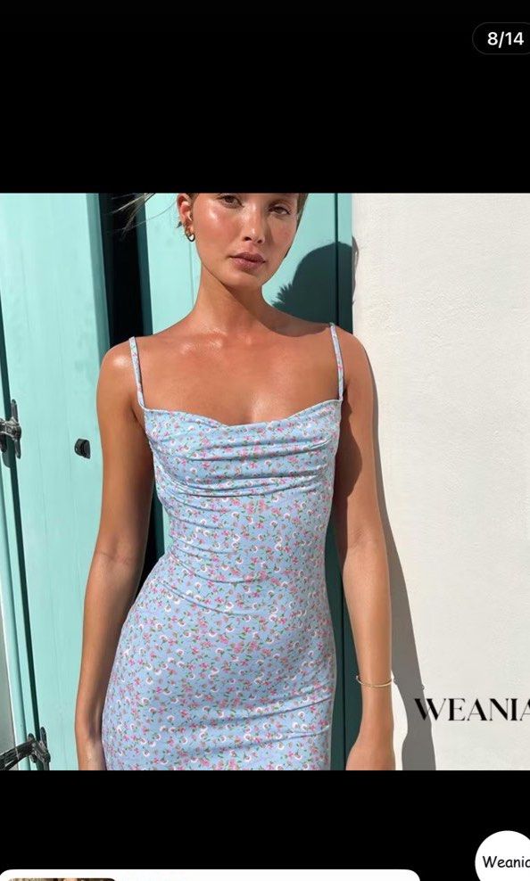 Sexy Slim Backless Dress (Category: Dresses) located in Manila. Submitted by tatisdeclutters (Listing ID 1424231558, Image 3). Description: - WEANIA dress - size small - on-hand - Backless design - Slim fit - Spaghetti straps - Floral pattern - Light blue color - Bodycon style - Lightweight fabric - Ideal for summer.