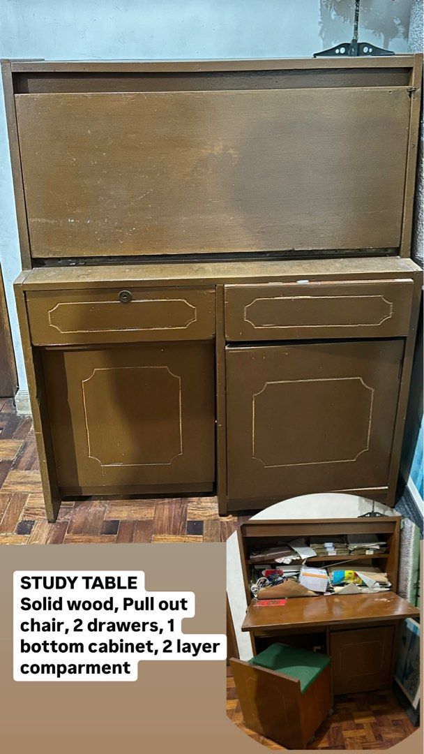 STUDY TABLE (Category: Tables & Sets) located in Caloocan City. Submitted by quingmike (Listing ID 1424277595, Image 1). Description: Made of solid marine wood. 2 drawees 1 bottom cabinet. 1 pull out chair.
