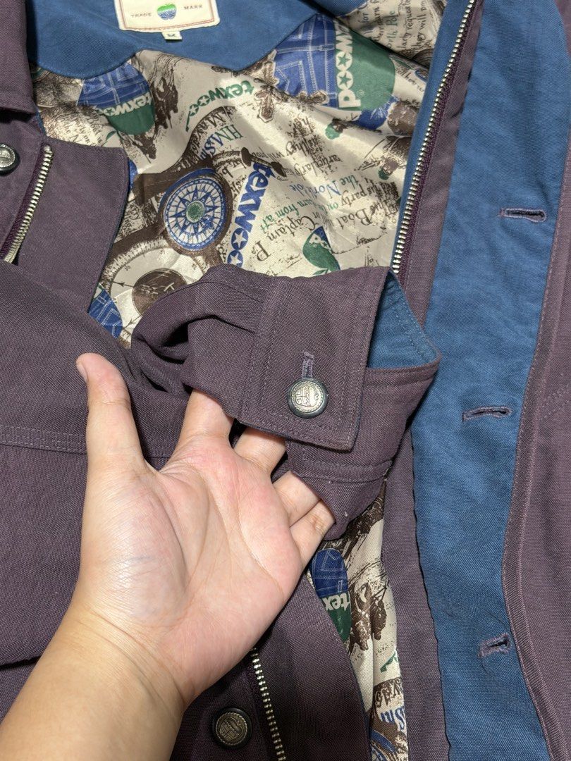 Texwood Collection Jacket - Medium (Category: Coats, Jackets and Outerwear) located in Caloocan City. Submitted by _mitsuki (Listing ID 1424180089, Image 3). Description: ‼️ DECLUTTERING ‼️ Model Height: 5'6 Model Weight: 69.5kg - Texwood Collection jacket - Medium size - Distinctive purple-brown color - Button-up and zipper closure - Patterned inner lining - Two front pockets - Chest logo - Button details on sleeves Honest issue: May natanggal n