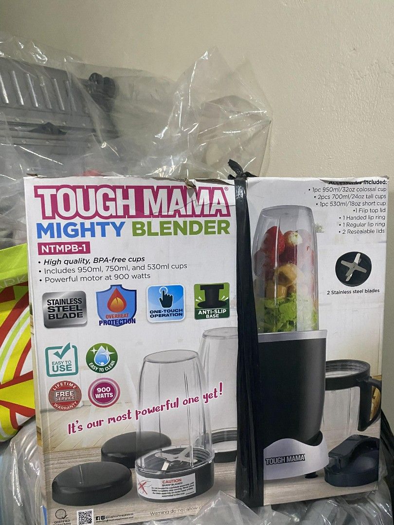 Tough Mama Mighty Blender NTMPB-1 (Category: Juicers, Blenders & Grinders) located in Quezon City. Submitted by jsphnrm (Listing ID 1424192054, Image 2). Description: Tough Mama Mighty Blender NTMPB SRP: 2,999.00 -1 features high-quality - BPA-free cups in 950ml, 750ml, and 530ml sizes. - It has a powerful 900-watt motor and two stainless steel blades. The blender includes one-touch operation and anti-slip features. It is designed for easy use an