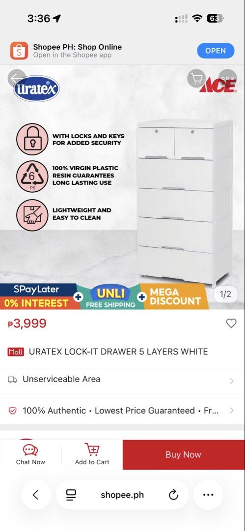 Uratex Lock-It Drawer 5 Layers White (Category: Shelves, Cabinets & Racks) located in Taguig. Submitted by ylluhhhh (Listing ID 1424228096, Image 1). Description: - Uratex Lock-It 5-layer drawer - Made with 100% virgin plastic resin for durability - Each layer holds up to 20 kg - Includes locks and keys for security - Lightweight and easy to clean Brand new. Nilabas lang sa box. With box pa. Bought at SM Aura for 3,999 Rfs: Wala na space sa room 