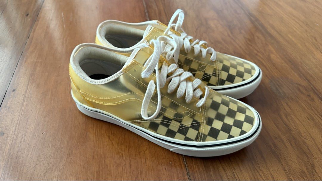 Vans Old Skool Waterproof Checkerboard Sneakers (Category: Sneakers) located in Quezon City. Submitted by jizooo (Listing ID 1424167369, Image 2). Description: - Vans Old Skool sneakers - Unique transparent design - Checkerboard pattern on toe and heel - White laces and white sole - Size: US 7 (Women's) / US 5.5 (Men's) - Brown soles.