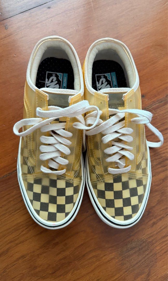 Vans Old Skool Waterproof Checkerboard Sneakers (Category: Sneakers) located in Quezon City. Submitted by jizooo (Listing ID 1424167369, Image 1). Description: - Vans Old Skool sneakers - Unique transparent design - Checkerboard pattern on toe and heel - White laces and white sole - Size: US 7 (Women's) / US 5.5 (Men's) - Brown soles.