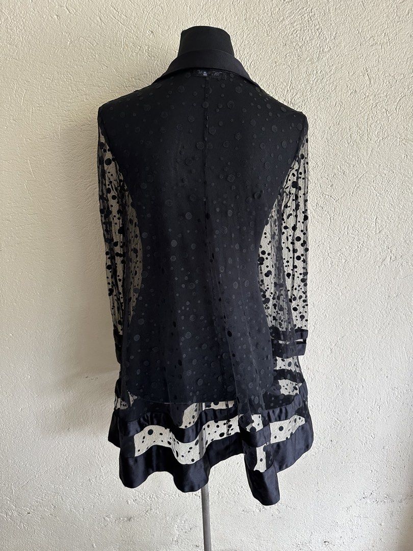 Wild Cat by Winny Polka Dot Longsleeves (Category: Longsleeves) located in Muntinlupa City. Submitted by belica (Listing ID 1424202869, Image 2). Description: - Wild Cat by Winny Longsleeves - Black with polka dot sheer overlay - Classic collar - Long sleeves - Striped bottom hem - Unique and stylish design ⚫️Black longsleeves 🤗Preloved, please manage your expectations. Bawal po sa maarte! 📌ALL SALES FINAL! 🚫No return, no exchange, no refund. 