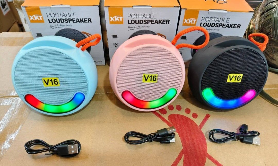 XKT V16 Portable Loudspeaker (Category: Soundbars, Speakers & Amplifiers) located in Manila. Submitted by kairos_luckyonlineshop (Listing ID 1424235330, Image 2). Description: XKT V16 Portable Speaker - Round design with colorful LED light - Available colors: Pink, Blue, Black - 8W Power - Portable.