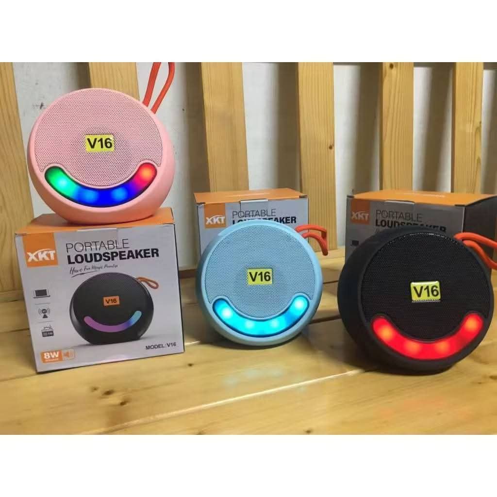 XKT V16 Portable Loudspeaker (Category: Soundbars, Speakers & Amplifiers) located in Manila. Submitted by kairos_luckyonlineshop (Listing ID 1424235330, Image 1). Description: XKT V16 Portable Speaker - Round design with colorful LED light - Available colors: Pink, Blue, Black - 8W Power - Portable.
