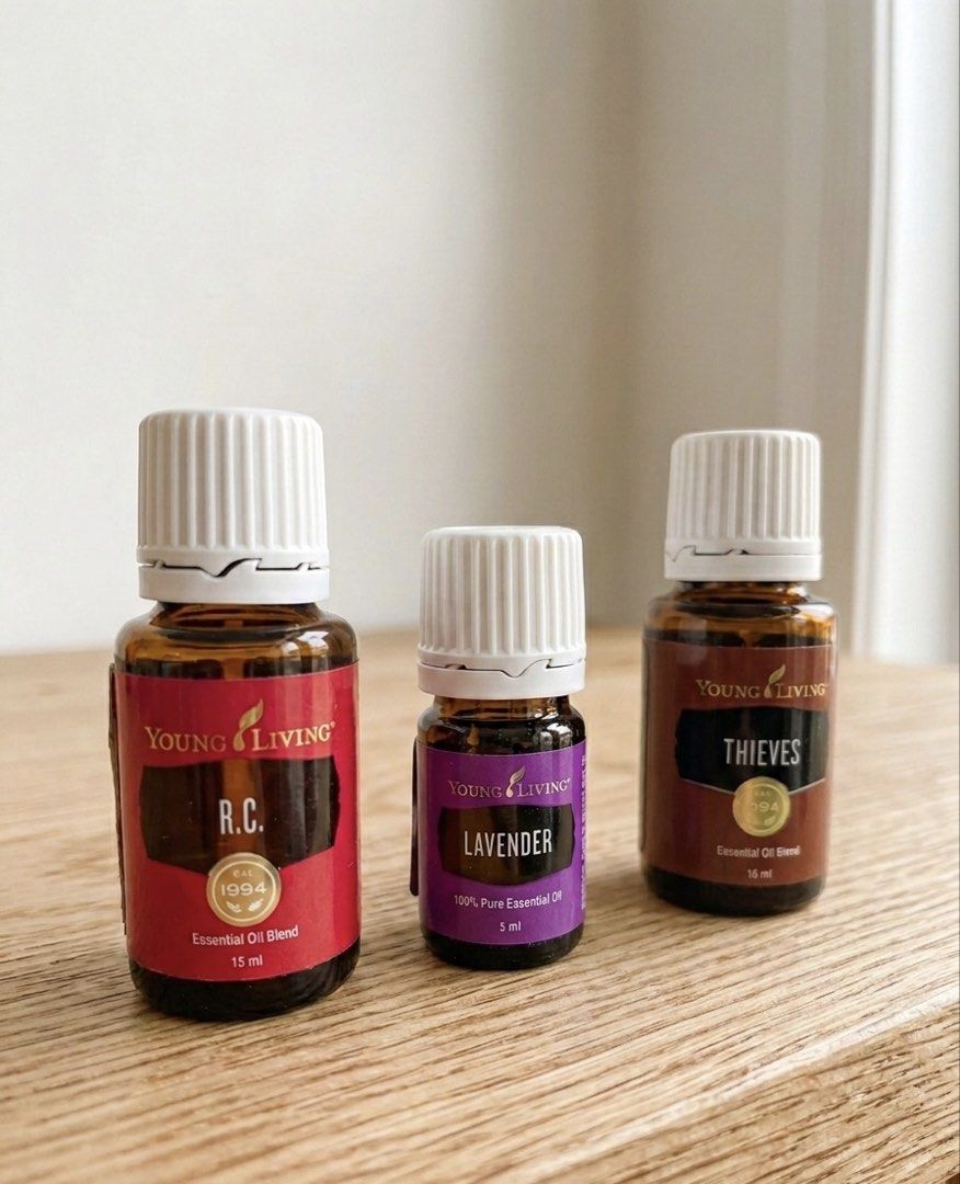 Young Living Essential Oils - R.C., Lavender, Thieves (Category: Home Fragrance) located in Muntinlupa City. Submitted by snapbackandmore (Listing ID 1424186877, Image 1). Description: - Young Living essential oil set - Includes: - R.C. (15ml) - Lavender (5ml) - Thieves (15ml) - All oils in original bottles -MFG 2020 .