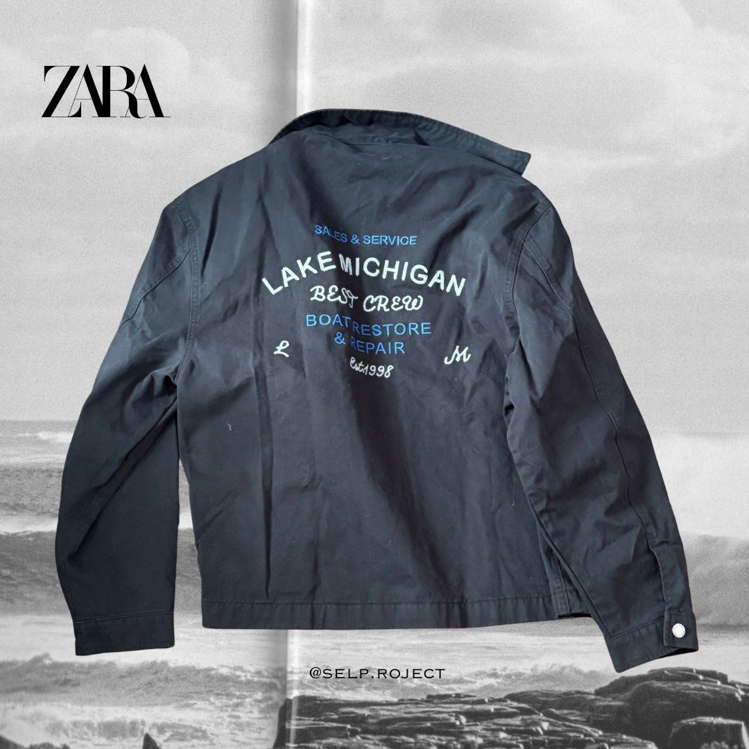 Zara Lake Michigan Navy Crew Jacket (Category: Coats, Jackets and Outerwear) located in Manila. Submitted by selp.roject (Listing ID 1424227609, Image 2). Description: Zara Black Lake Michigan Jacket 🌊 Size: Medium (M) W × L: 53 x 62 cm Shoulder: 51 cm Arm: 58 cm 🗒️ 10 Condition - 10 Color Rate (Color may vary due to lighting).