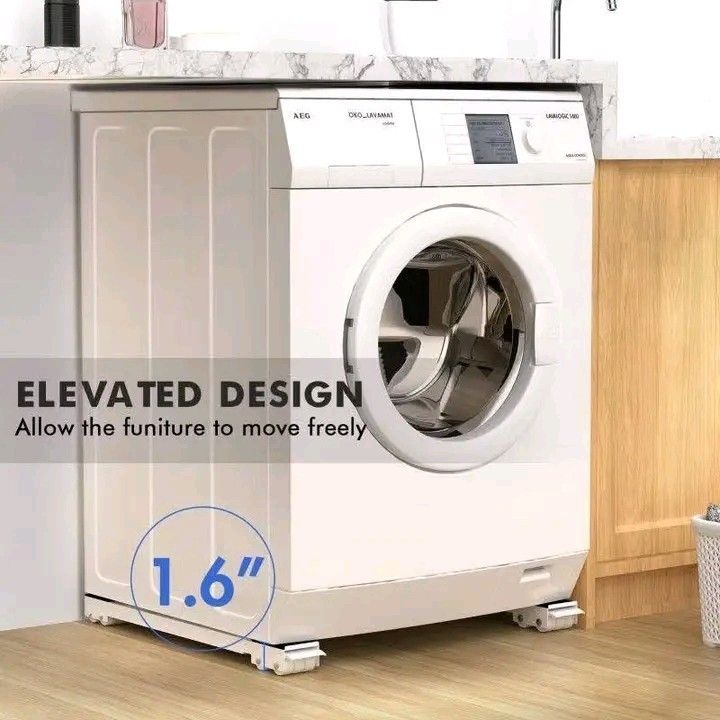 Adjustable Movable Ref/Washing Stand (Category: Refrigerators and Freezers) located in Makati City. Submitted by oideme (Listing ID 1427518135, Image 3). Description: These white furniture rollers come in a set of two. They are adjustable in length and feature a safety buckle design. The rollers have double-wheel reinforcement and a non-slip mat design. They are suitable for moving furniture and appliances, providing a 4cm height for stability. T