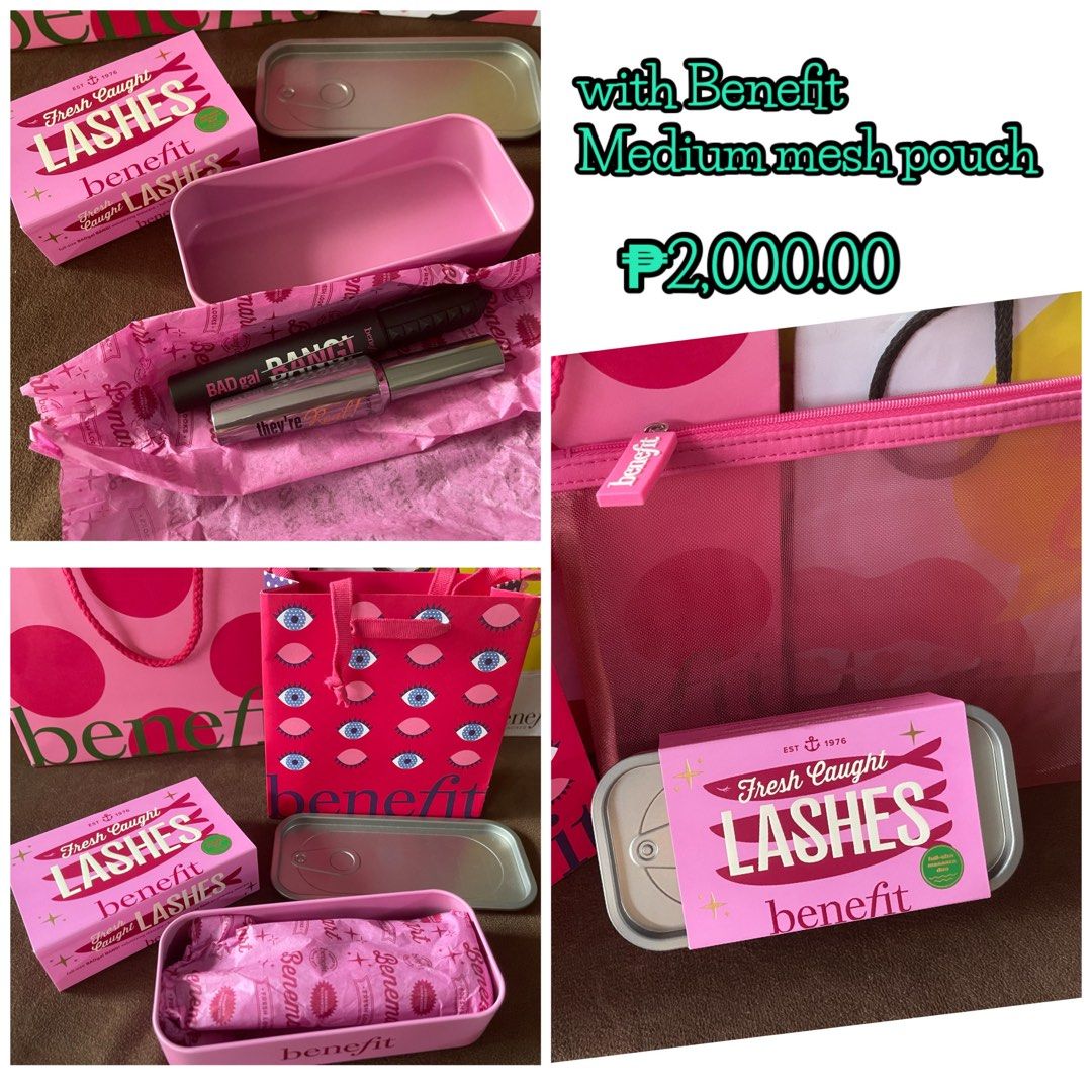 Benefit Fresh Caught Lashes Set with Mesh Pouch (Category: Makeup) located in Quezon City. Submitted by jerminah_closet (Listing ID 1427510381, Image 1). Description: Benefit Fresh Caught Lashes set includes mascara and a medium mesh pouch. The set comes with a pink box and a pink tin. The image also shows a Benefit shopping bag. The price is ₱2,000.00..