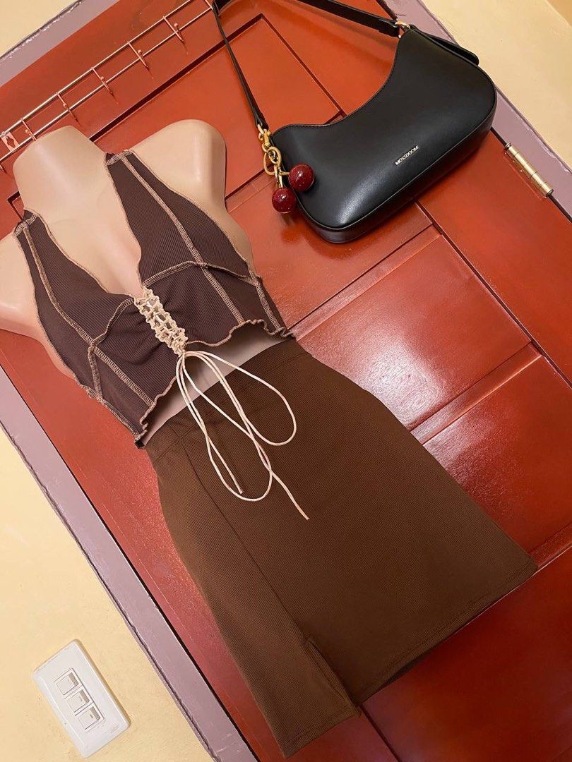 Choco Brown Halter Top and Skirt Set (Category: Sets or Coordinates) located in Baler. Submitted by definitelynotmics (Listing ID 1427492654, Image 2). Description: FOR SALE SHEIN HALTER TIE TOP AND RIB-KNIT SKIRT SOLD AS SET COLOR CHOCO BROWN USED ONCE (PINANG PICTURE LANG) NO ISSUE LIKE NEW CONDITION LENGTH 15 INCHES SIZE S ON TAG | CAN FIT 20-27 WAISTLINE BEST FIT SIZE EXTRA SMALL TO MEDIUM BODY FRAME GARTERIZED WAIST STRETCHABLE FABRIC NO SIG