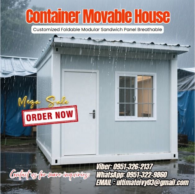 Customized Foldable Modular Sandwich Panel Breathable Container Movable House (Category: Home Improvement Tools & Accessories) located in Caloocan City. Submitted by gywnnesher68219 (Listing ID 1427543560, Image 1). Description: Specification Size:W2400*L5940*H2810mm 50mm sandwich panel for wall steel sheet+75mm glass wool insulation+steel ceiling for roof Steel security door Sliding window single glazed toilet without electricity and plumbing 16