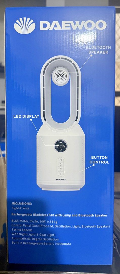Daewoo Rechargeable Bladeless Fan with Bluetooth Speaker (Category: Fans) located in Bacoor. Submitted by cielo1985 (Listing ID 1427510623, Image 2). Description: .
