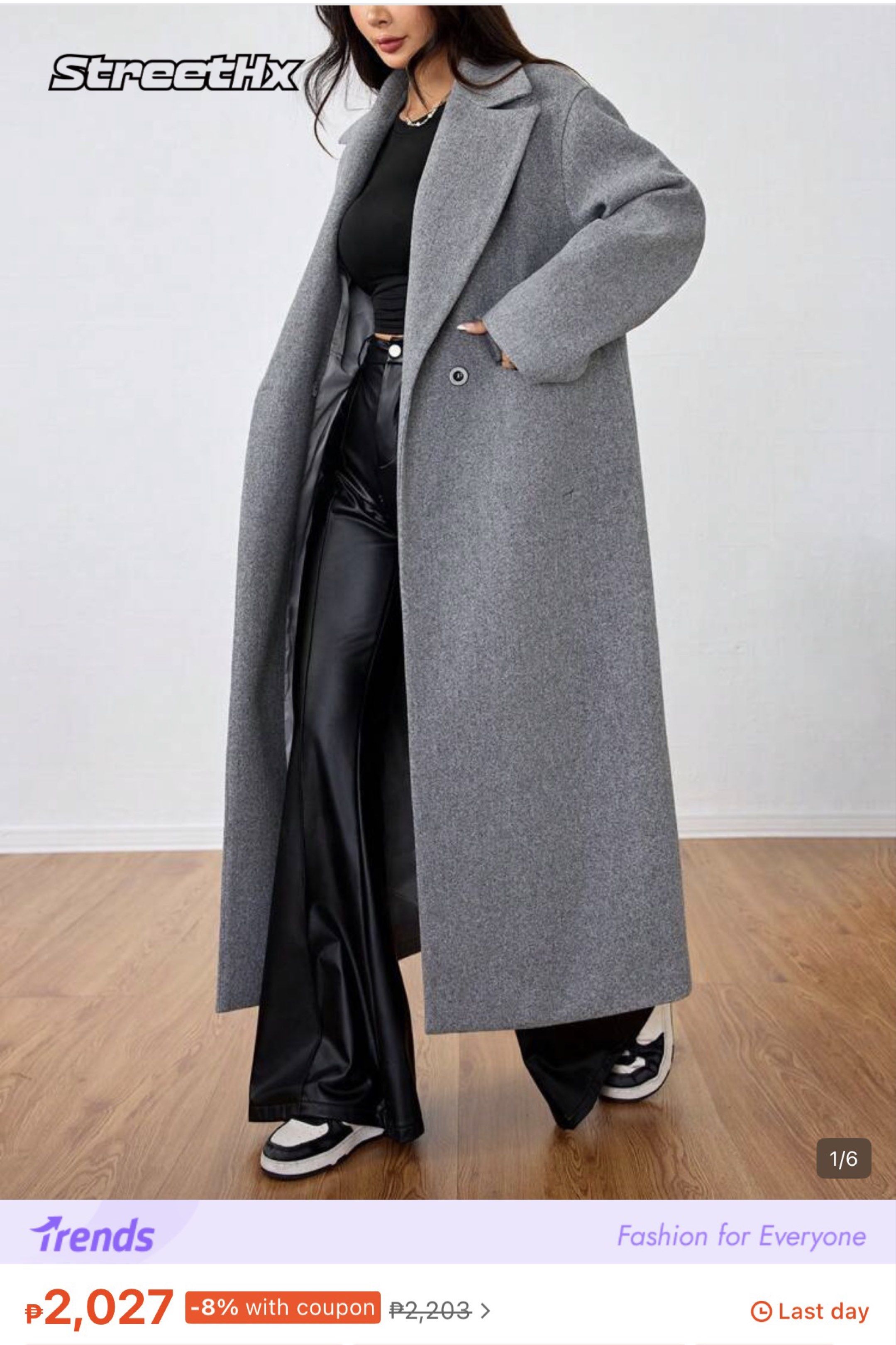 Gray Long Coat (Category: Coats, Jackets and Outerwear) located in Cebu City. Submitted by tshamae (Listing ID 1427581152, Image 1). Description: Used only once during our trip to South Korea Bought it for ₱1,893 Still like new condition Size is XS but can also fit to small.