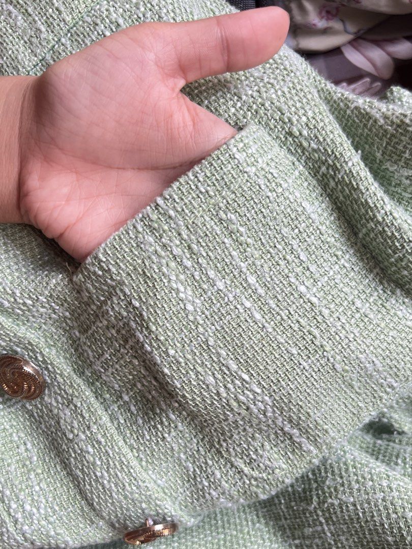 Green Tweed Coordinate (Category: Sets or Coordinates) located in Makati City. Submitted by dreapreloved (Listing ID 1427563151, Image 2). Description: TOP: waistline - 32" bust - 36" SKIRT: waistline - 28" length - 31" - has minor issue on the collar - faded gold buttons - working pockets - invisible zipper.