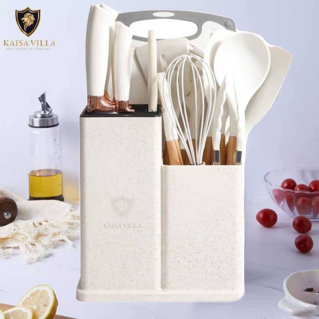Kaisa Villa Kitchen Utensil Set (Category: Other Kitchenware & Tableware) located in Manila. Submitted by haideshop (Listing ID 1427608046, Image 1). Description: Kaisa Villa kitchen utensil set includes various tools for cooking. It features a knife block, knives, and a variety of cooking utensils such as spatulas, whisks, and spoons. The set comes in a holder for easy storage and organization. Available in white and black..