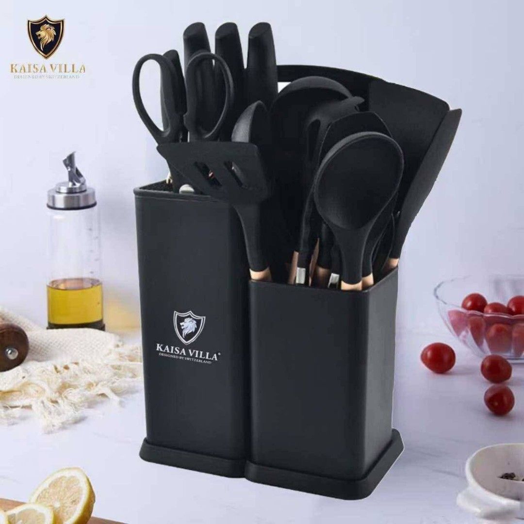 Kaisa Villa Kitchen Utensil Set (Category: Other Kitchenware & Tableware) located in Manila. Submitted by haideshop (Listing ID 1427608046, Image 2). Description: Kaisa Villa kitchen utensil set includes various tools for cooking. It features a knife block, knives, and a variety of cooking utensils such as spatulas, whisks, and spoons. The set comes in a holder for easy storage and organization. Available in white and black..