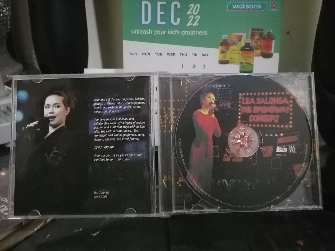 Lea Salonga - The Broadway Concert CD (Category: CDs & DVDs) located in Cabuyao City. Submitted by ariel.serrano (Listing ID 1427534595, Image 3). Description: CD features Lea Salonga's The Broadway Concert. The CD includes songs like "Maybe", "I Can See It", "I Enjoy Being a Girl", and more. The CD case has a picture of Lea Salonga on the front and back. The CD itself is black with the title and artist printed on it..
