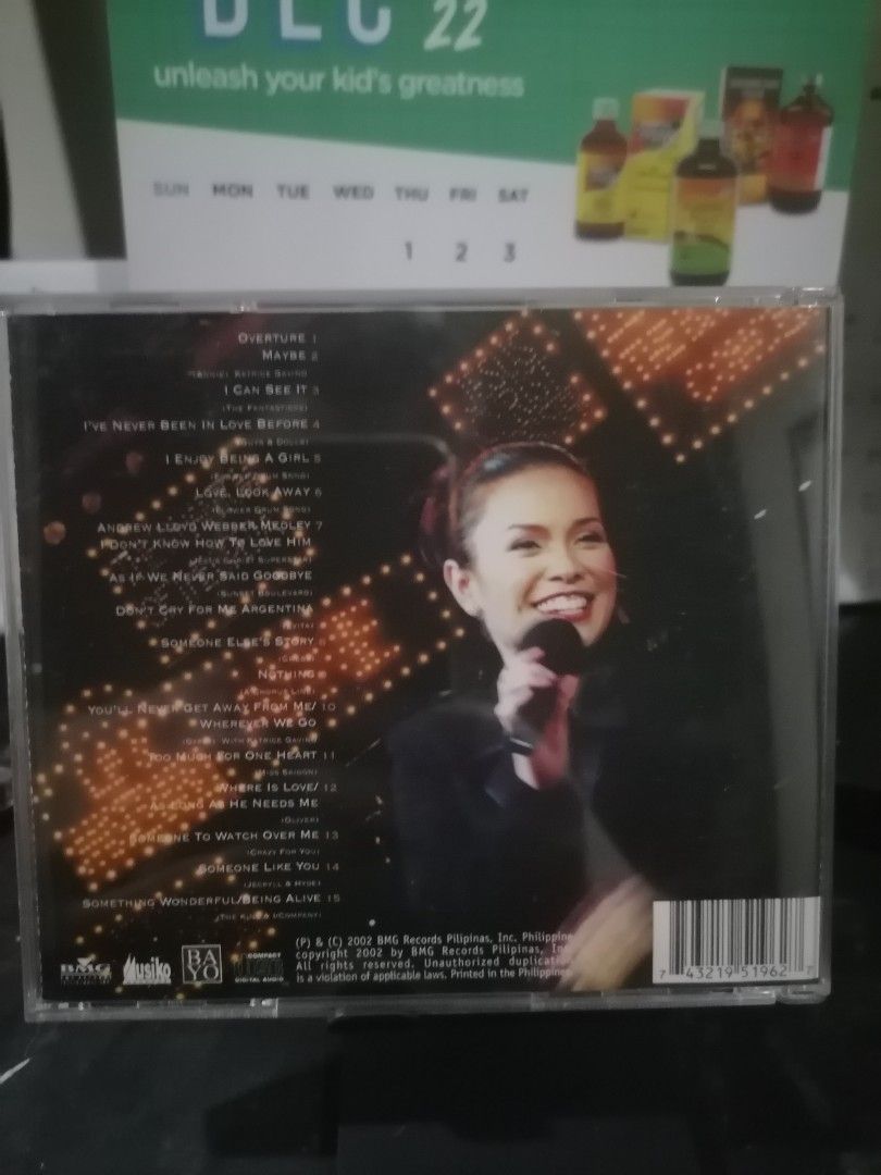 Lea Salonga - The Broadway Concert CD (Category: CDs & DVDs) located in Cabuyao City. Submitted by ariel.serrano (Listing ID 1427534595, Image 2). Description: CD features Lea Salonga's The Broadway Concert. The CD includes songs like "Maybe", "I Can See It", "I Enjoy Being a Girl", and more. The CD case has a picture of Lea Salonga on the front and back. The CD itself is black with the title and artist printed on it..