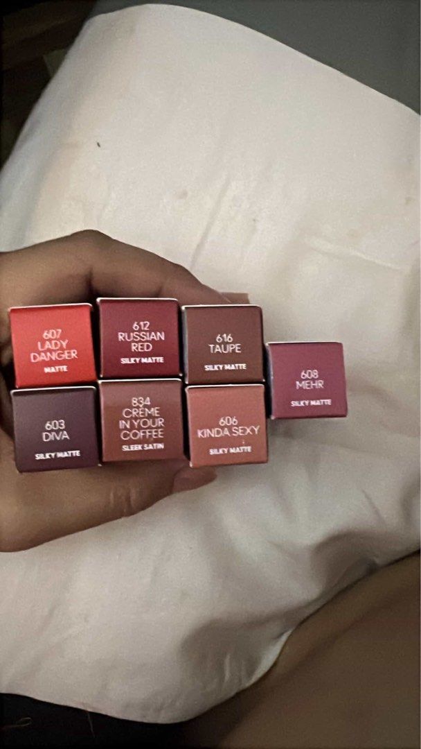 MAC Lipsticks (Category: Makeup) located in Pasig City. Submitted by rafbardon (Listing ID 1427532699, Image 1). Description: Brand New Lippies from MAC - MEHR - TAUPE - DIVA - LADY DANGER - RUSSIAN RED - KINDA SEXY.