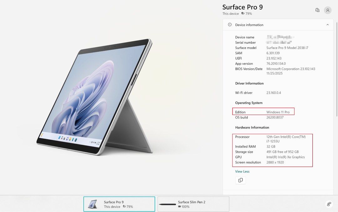 Microsoft Surface Pro 9 - 12th Gen i7, 32GB RAM, 1TB SSD