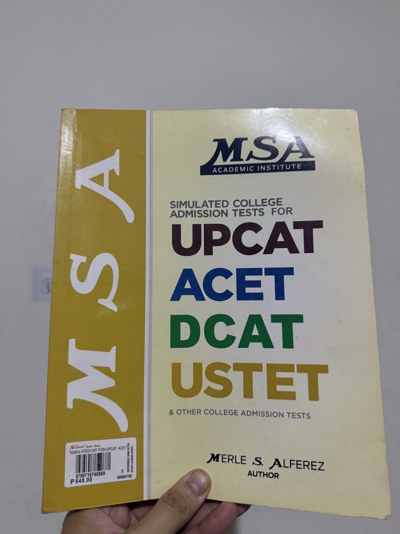 MSA Reviewer for UPCAT, ACET, DCAT, USTET (Category: Textbooks) located in Pasig City. Submitted by iemjerick (Listing ID 1427595432, Image 2). Description: Boost your prep for the College Entrance Exam with these premium reviewers! Get 2 for only 500 PHP (originally 648 each) and save while you study smarter..