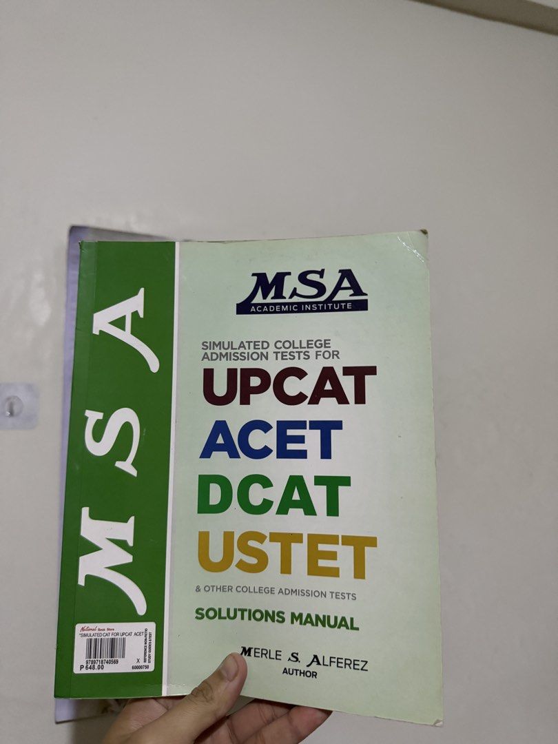 MSA Reviewer for UPCAT, ACET, DCAT, USTET (Category: Textbooks) located in Pasig City. Submitted by iemjerick (Listing ID 1427595432, Image 1). Description: Boost your prep for the College Entrance Exam with these premium reviewers! Get 2 for only 500 PHP (originally 648 each) and save while you study smarter..