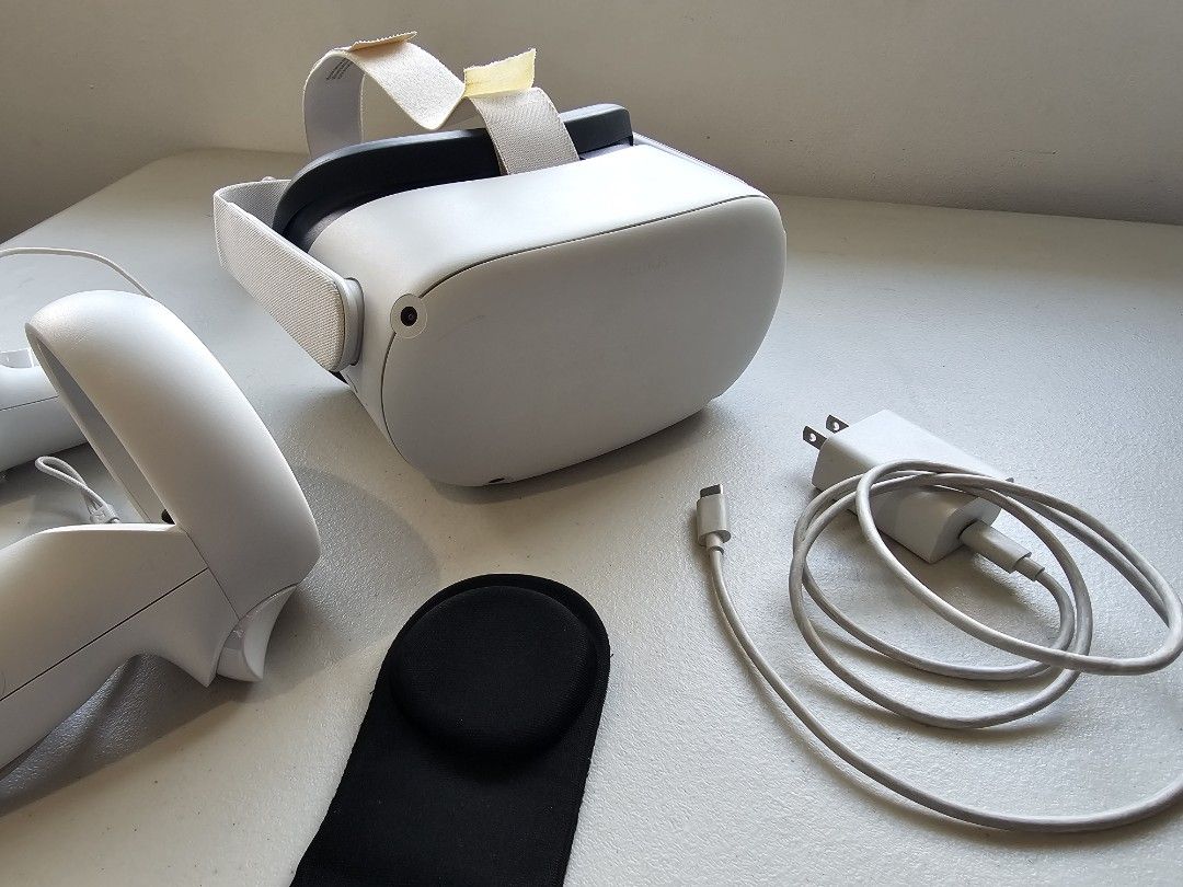 Meta Quest 2 (Oculus) VR Headset (With Accessories and Case) (Category: Virtual Reality) located in Manila. Submitted by tech_by_trx (Listing ID 1427535478, Image 2). Description: Oculus Quest 2 VR headset 128GB RFS: Seldom used, handled with care; Apps and activity mostly Beat Saber, Youtube and Meta Videos; Was Able to connect to Steam for VR games (F1 and Dirt Rally 2.0) -two controllers -charging cable -power adapter -lens protector -Included