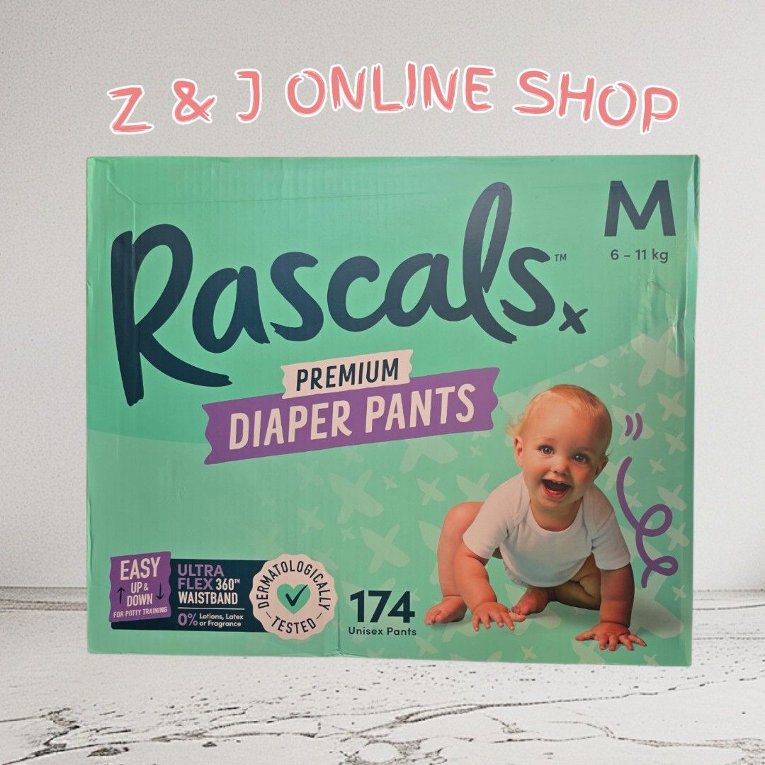 Rascals Premium Diaper Pants - M Size (Category: Diapers & Baby Wipes) located in Bulacan. Submitted by zj.onlineshop (Listing ID 1427620656, Image 1). Description: Rascals Premium Diaper Pants in size M. Features Ultra Flex 360 Waistband and dermatologically tested. Contains 174 unisex pants. Easy up and down design. Suitable for babies weighing 6-11 kg..