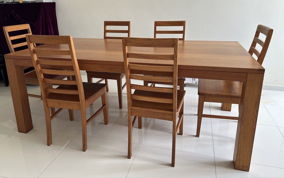 Solid wood dining table (Category: Tables & Sets) located in Singapore. Submitted by hongmoguai (Listing ID 1427515978, Image 2). Description: Solid wood dining table, well used. Size: 200 cm x 100 cm x 75cm Self pickup. .