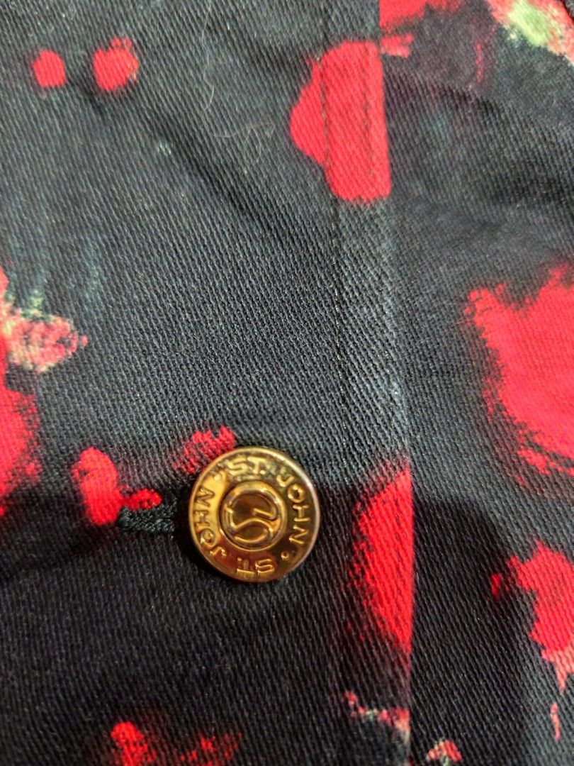 St. John Sport by Marie Gray Floral Jacket (Category: Coats, Jackets and Outerwear) located in Baguio. Submitted by FRANKLIN (Listing ID 1427570621, Image 3). Description: Black jacket with red floral pattern. Features gold buttons with the St. John Sport logo. Made in Italy. The label indicates the size is P and the fabric is 98% and 2% lycra. Measurements are 19x22..