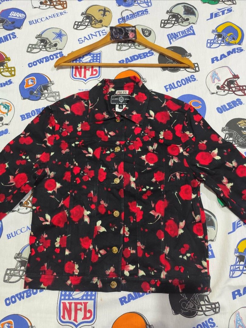 St. John Sport by Marie Gray Floral Jacket (Category: Coats, Jackets and Outerwear) located in Baguio. Submitted by FRANKLIN (Listing ID 1427570621, Image 2). Description: Black jacket with red floral pattern. Features gold buttons with the St. John Sport logo. Made in Italy. The label indicates the size is P and the fabric is 98% and 2% lycra. Measurements are 19x22..