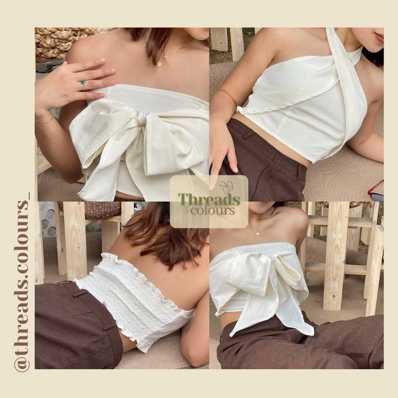 threads & colours iya multiway top (Category: Sleeveless) located in Quezon City. Submitted by jagermasterrr (Listing ID 1427511555, Image 2). Description: iya multiway smocked tube top halter top s-m (stretchable) 4 ways to style it.