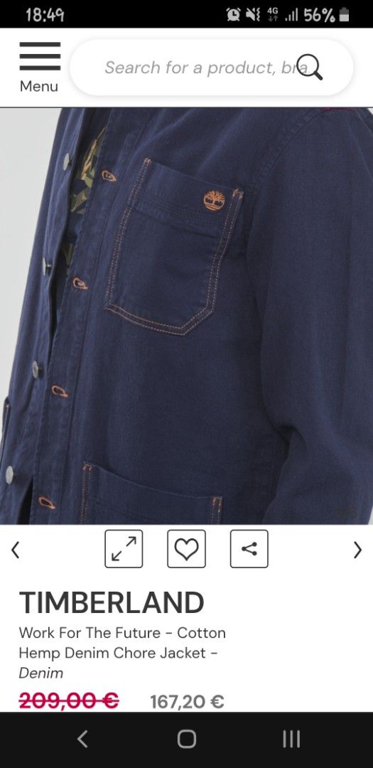 Timberland Work For The Future Denim Chore Jacket (Category: Coats, Jackets and Outerwear) located in Malaybalay. Submitted by rielstuff (Listing ID 1427589737, Image 2). Description: Timberland denim chore jacket. Features a button-up front, multiple pockets, and the Timberland logo on the chest pocket. The jacket has a dark blue color with contrasting stitching. The jacket has a classic, workwear-inspired design..