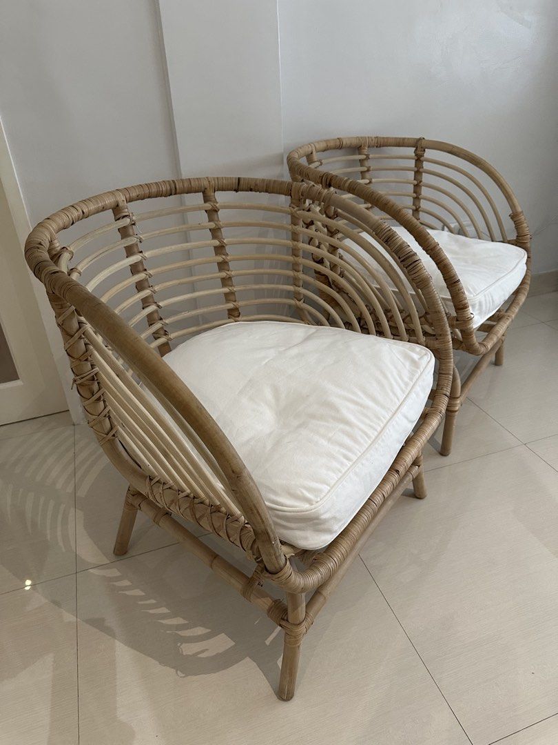 Two rattan armchairs with cushion (Bought from Ikea) (Category: Chairs) located in Valenzuela. Submitted by jaylight (Listing ID 1425502482, Image 1). Description: RFS: Decluttering Selling bought armchairs with cushion already for 3,500..