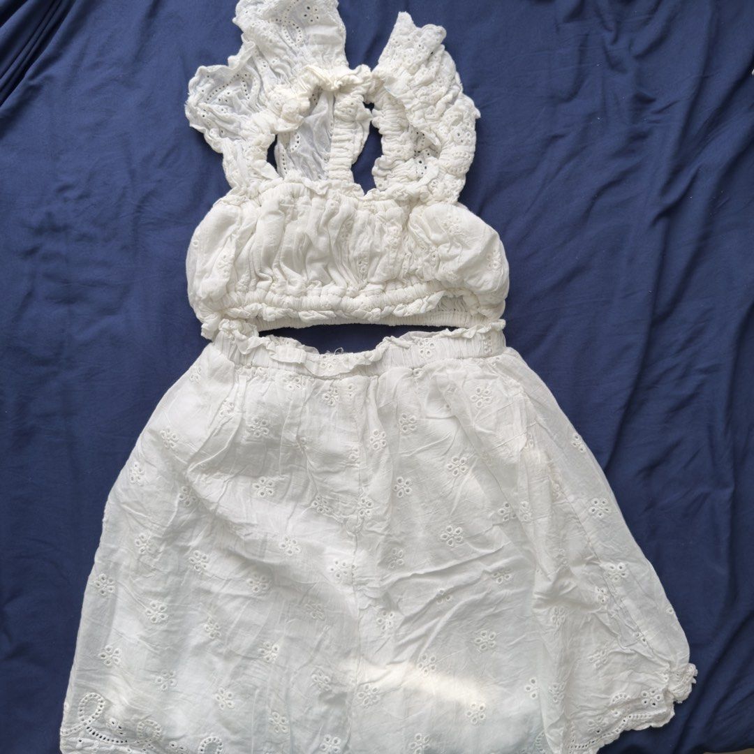 White Crop Top and Shorts Set (Category: Sets or Coordinates) located in Quezon City. Submitted by declutterxfaye (Listing ID 1427605312, Image 1). Description: Can fit to XS-S frame Used once only Note: lighting may slightly affect the color of the photo.