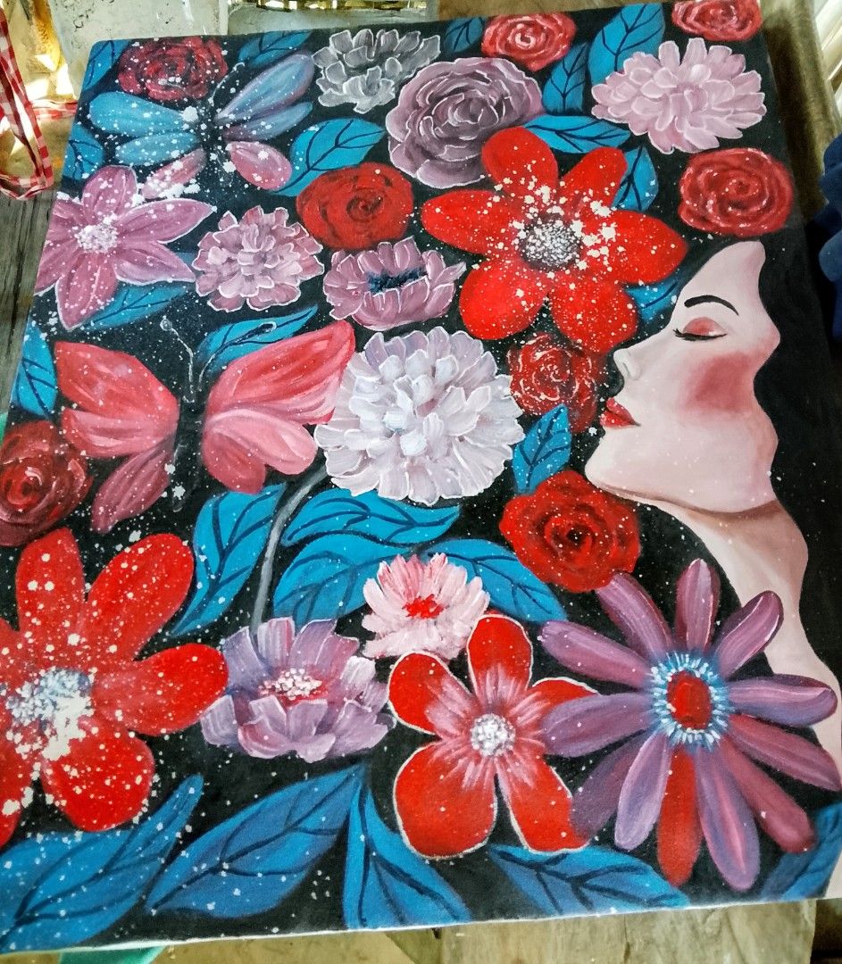 #006 Floral Abstract Painting (Category: Art & Prints) located in Manila. Submitted by alarts (Listing ID 1427718512, Image 2). Description: Materials: Acrylic paint on Stretched Canvas Size: 25 x 30 inches O riginal artwork featuring a woman's profile amidst a vibrant floral arrangement. The painting showcases a mix of red, pink, and purple flowers with teal leaves against a dark background. It would be a great addition to any room..