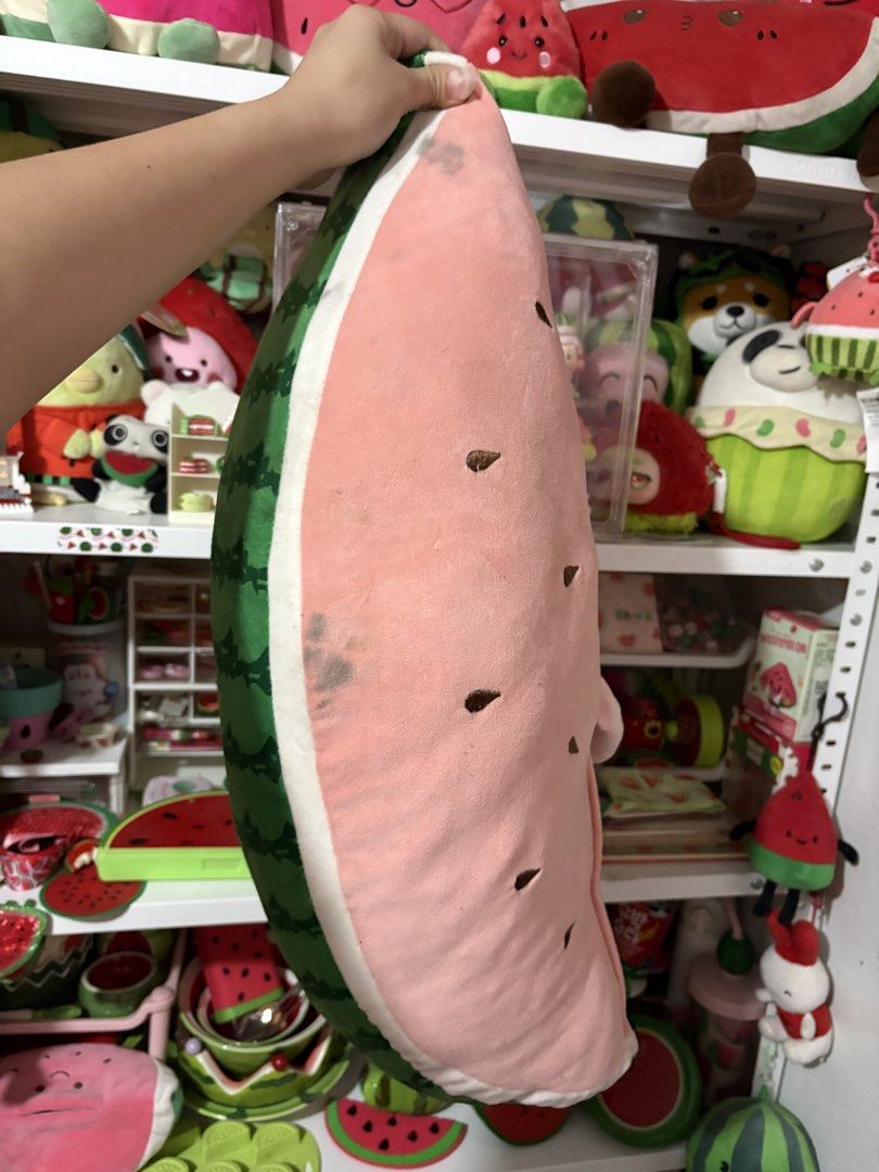 Apeach Big Watermelon Plushie Pillow (Category: Plushies & Soft Toys) located in Bulacan. Submitted by _declutterfly (Listing ID 1427732766, Image 2). Description: Apeach has washable stains and small hole. Original. Decluttering some of my watermelon collection— selling them for a very low price for funds too. 🍉 need wash 🍉 thrifted 🍉 payment first 🍉 buyer will shoulder shipping fee .