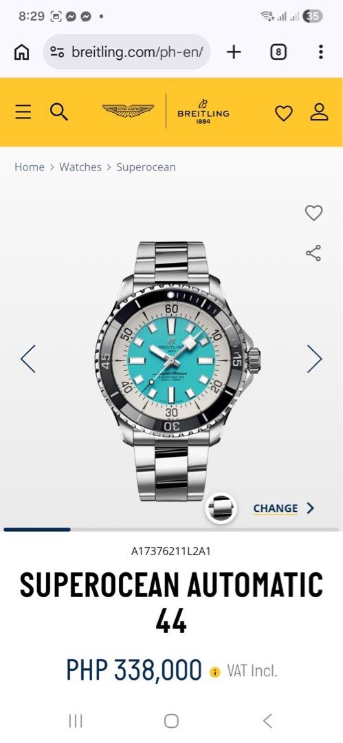 Breitling Superocean Automatic 44 (Category: Luxury Watches) located in Davao. Submitted by slarken (Listing ID 1427697363, Image 2). Description: Breitling Superocean Automatic 44 watch with a striking turquoise dial. Features a stainless steel bracelet and a rotating bezel. Includes the original box and warranty card. The watch is a Swiss-made chronometer..