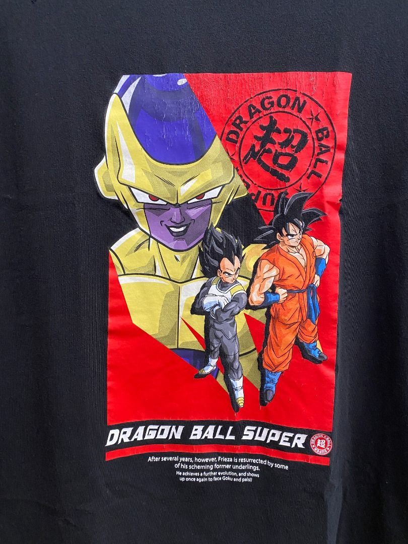Dragon Ball Black T-shirt (Category: Tshirts & Polo Shirts ) located in Pasig City. Submitted by greatestpickup (Listing ID 1427686105, Image 3). Description: Black t-shirt featuring a Dragon Ball Super graphic with Frieza, Goku, and Vegeta. The graphic is on a red background with Japanese text. dbz frieza goku vegeta red box xl on tag 23.5x28 500.