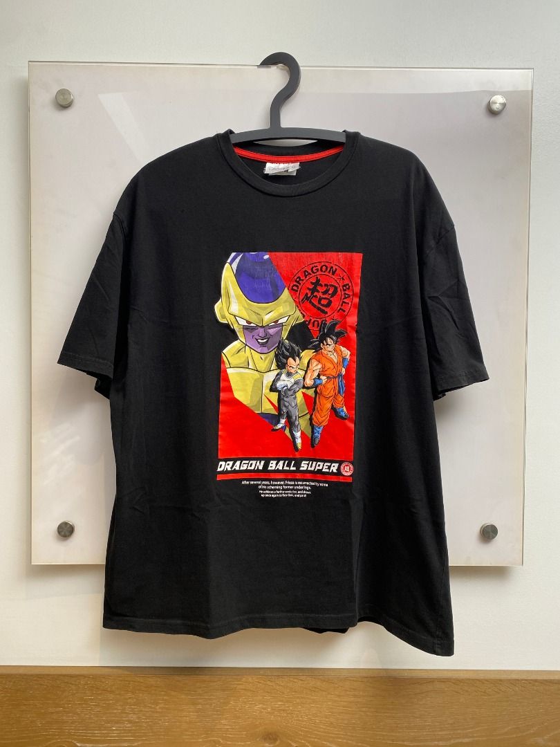 Dragon Ball Black T-shirt (Category: Tshirts & Polo Shirts ) located in Pasig City. Submitted by greatestpickup (Listing ID 1427686105, Image 2). Description: Black t-shirt featuring a Dragon Ball Super graphic with Frieza, Goku, and Vegeta. The graphic is on a red background with Japanese text. dbz frieza goku vegeta red box xl on tag 23.5x28 500.