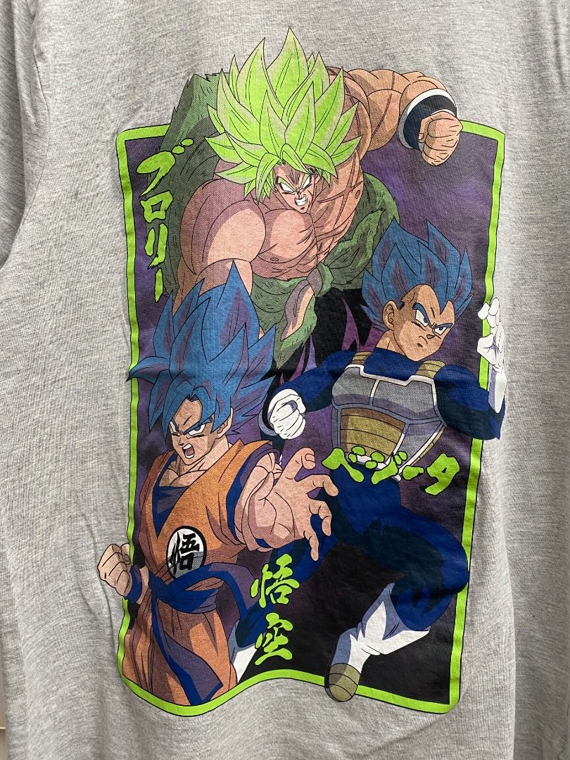 Dragon Ball Z Graphic Tee (Category: Tshirts & Polo Shirts ) located in Pasig City. Submitted by greatestpickup (Listing ID 1427681387, Image 2). Description: Grey t-shirt features a vibrant graphic of Dragon Ball Z characters. The design includes Goku, Vegeta, and Broly. dbz broly the movie xl on tag 22x28 700.