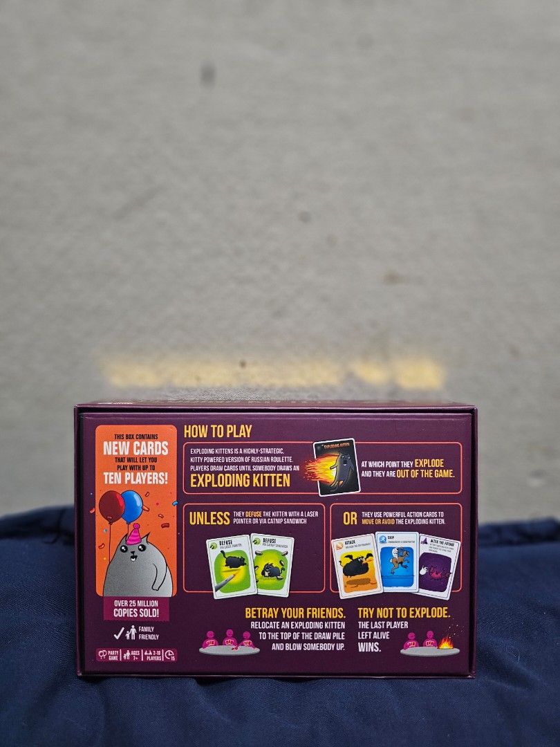 Exploding Kittens Party Pack Card Game (Category: Board Games & Puzzles) located in Manila. Submitted by shopwithella.ph (Listing ID 1427660462, Image 2). Description: 💯 EXPLODING KITTENS CARD GAME PARTY VERSION BRAND NEW HIGH QUALITY CARDS 💯 🌟 Please see attached photos for your entertainment 🌟 🌟 Those photos are the actual photos inside. I photographed them on my own. Please do not use for your shop, thank you very much 🌟 🌟 Not branded, 