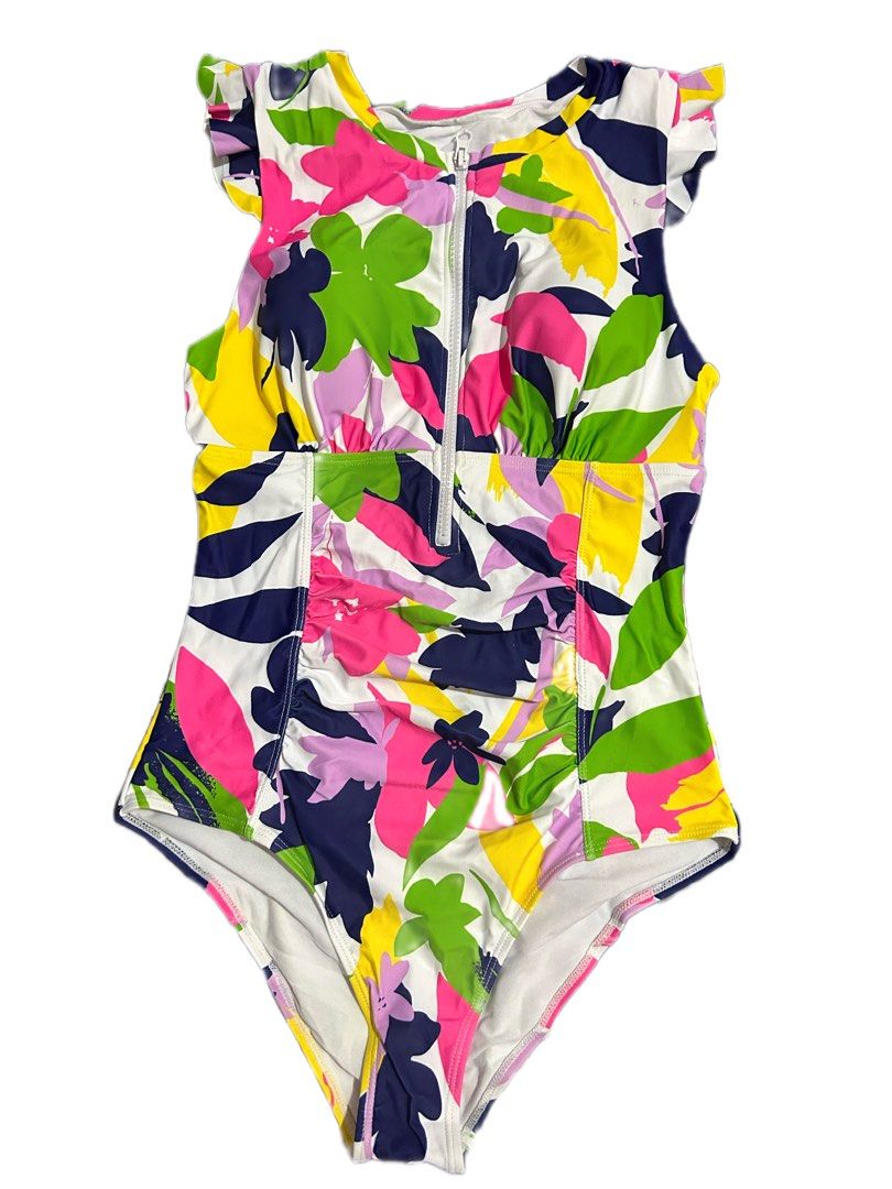 Floral Print One-Piece Swimsuit (Category: Bikinis & Swimsuits) located in Cavite. Submitted by beeminees (Listing ID 1427775528, Image 3). Description: -One-piece swimsuit features a vibrant floral print with a zip-up front and ruffled sleeves. - It has a flattering ruched detail at the waist. -Brand new -Reason for selling: too big for my frame .